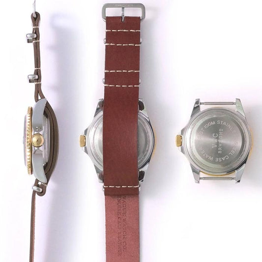 ヴァーグウォッチ BG001 BRWN GMT イエローゴールド メンズ 腕時計 ミリタリー ダイバーズウオッチ レザーベルト 防水 ケース付き