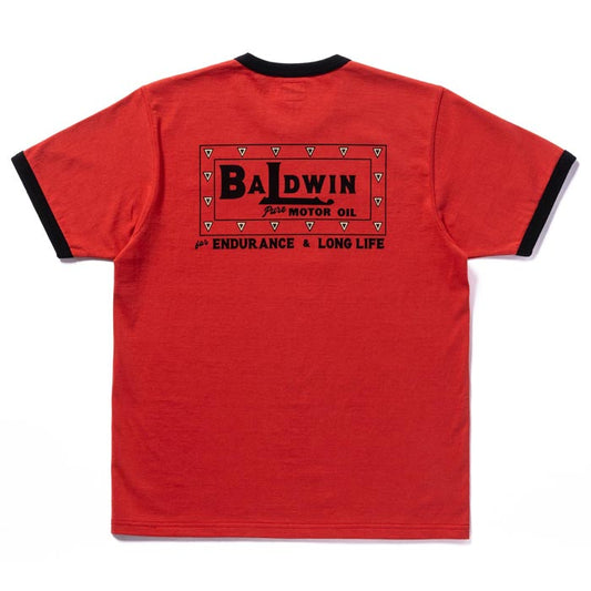 ジョーマッコイ MC24022 JOE MCCOY TEE / BALDWIN MOTOR OIL スカーレット×ブラック メンズ 半袖 プリント Tシャツ バインダーネック リンガーTシャツ バックプリント