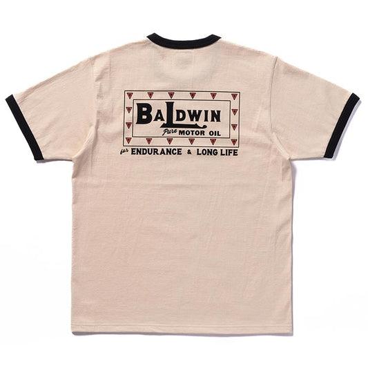 ジョーマッコイ MC24022 JOE MCCOY TEE / BALDWIN MOTOR OIL エクリュ×ブラック メンズ 半袖 プリント Tシャツ バインダーネック リンガーTシャツ バックプリント