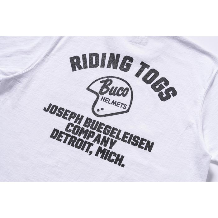 ブコ BUCO TEE / RIDING TOGS ホワイト チャコール メンズ 半袖 バイカー プリント リンガー Tシャツ バックプリント