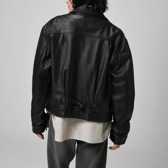 BOWWOW BWU-LULTJ LACE-UP LEATHER TRUCKER JACKET BLACK