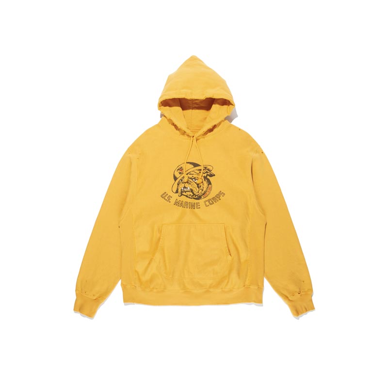 バウワウ BW251-UBH USMC BULLDOG HOODIE イエロー ダメージ メンズ プルオーバー パーカー フーディ