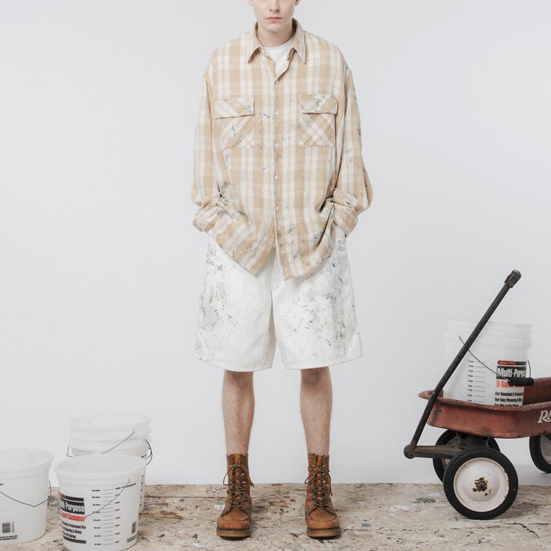 バウワウ BW251-PPFS PAINTED PAINTER FLANNEL SHIRT ベージュチェック ペイント メンズ 長袖 ネルシャツ