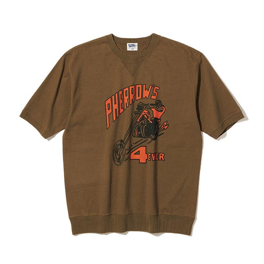 フェローズ 25S-PVGT3 バイクプリント Tシャツ グリーン メンズ 半袖 プリント Tシャツ バイク スウェット型 Vガゼット 先染め加工