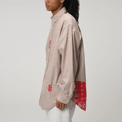 バウワウ BW241-BRSS BANDANNA REPAIR STRIPE SHIRTS BROWN STRIPE バンダナ ストライプ ボタンダウンシャツ ブラウン メンズ
