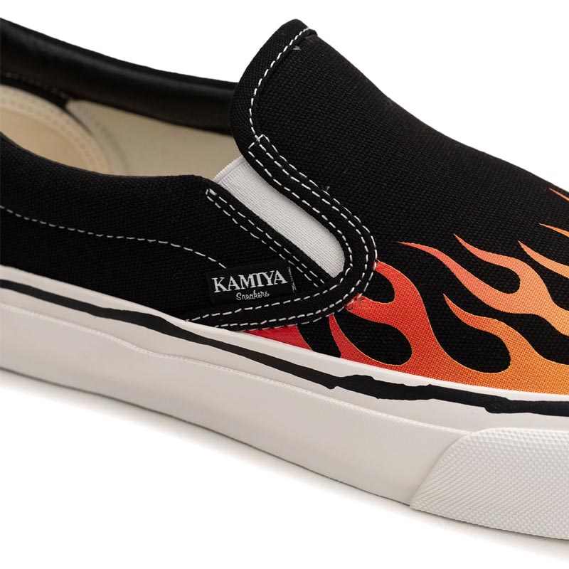 カミヤ G14FW704 "Cornnell" Fire Pattern Vulcanized Slip on Sneaker ブラック メンズ スニーカー シューズ