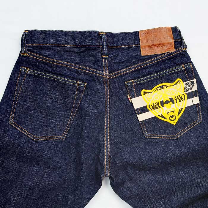 桃太郎ジーンズ × UNIQUE JEAN STORE コラボデニム Corpokkur コロポックル 熊 0201UJS-K 2023年 限定 特別プリント チェーンステッチ 裾上げ無料
