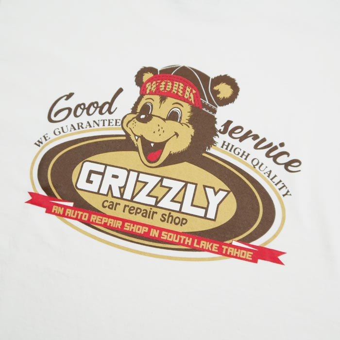 フェローズ 24S-PT11 GRIZZLY car repair shop メンズ プリント Tシャツ ホワイト 半袖 バックプリント 車整備会社 スタッフTee
