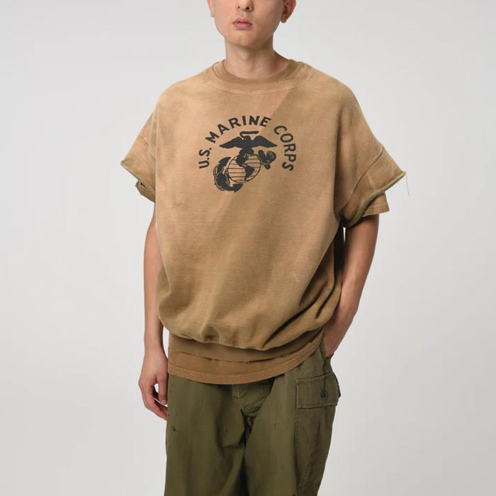 バウワウ BW241-UMSSS USMC SS SWEAT SHIRTS コヨーテ サンバーン メンズ 半袖 プリント スウェット ミリタリー 日焼け加工