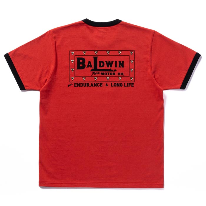 ジョーマッコイ MC24022 JOE MCCOY TEE / BALDWIN MOTOR OIL スカーレット×ブラック メンズ 半袖 プリント Tシャツ バインダーネック リンガーTシャツ バックプリント