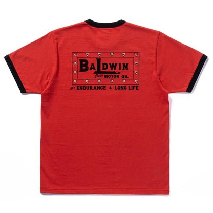 ジョーマッコイ MC24022 JOE MCCOY TEE / BALDWIN MOTOR OIL スカーレット×ブラック メンズ 半袖 プリント Tシャツ バインダーネック リンガーTシャツ バックプリント