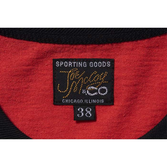 ジョーマッコイ MC24022 JOE MCCOY TEE / BALDWIN MOTOR OIL スカーレット×ブラック メンズ 半袖 プリント Tシャツ バインダーネック リンガーTシャツ バックプリント