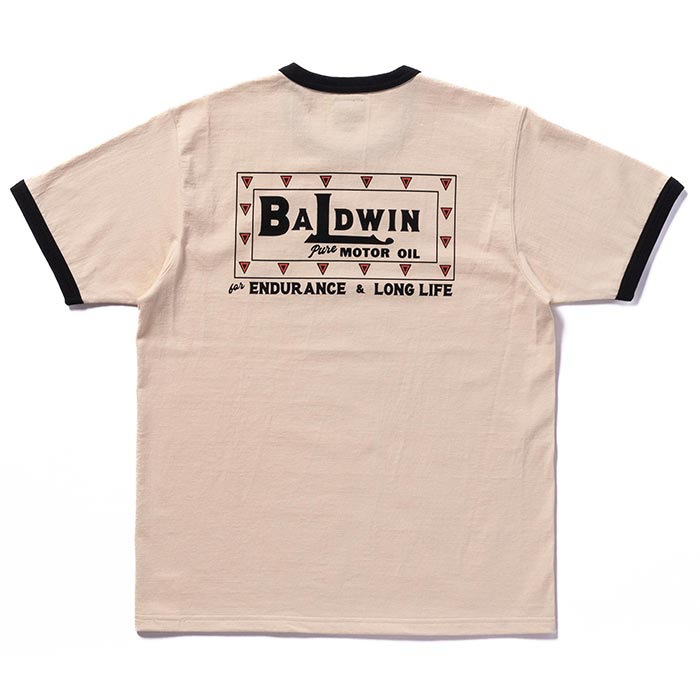 ジョーマッコイ MC24022 JOE MCCOY TEE / BALDWIN MOTOR OIL エクリュ×ブラック メンズ 半袖 プリント Tシャツ バインダーネック リンガーTシャツ バックプリント