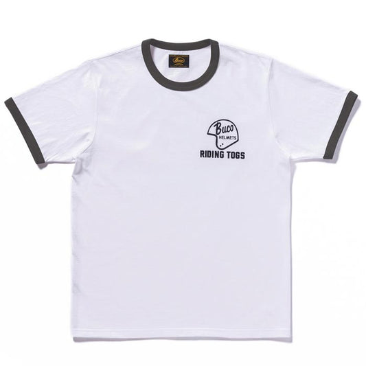 ブコ BUCO TEE / RIDING TOGS ホワイト チャコール メンズ 半袖 バイカー プリント リンガー Tシャツ バックプリント