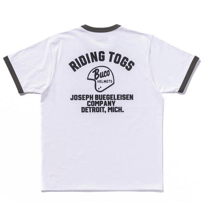 ブコ BUCO TEE / RIDING TOGS ホワイト チャコール メンズ 半袖 バイカー プリント リンガー Tシャツ バックプリント