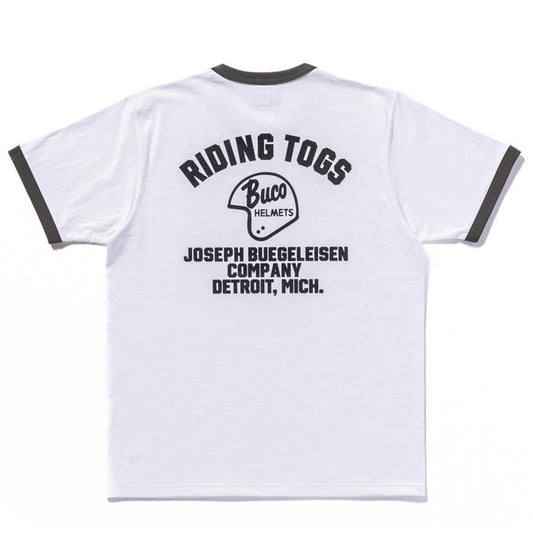 ブコ BUCO TEE / RIDING TOGS ホワイト チャコール メンズ 半袖 バイカー プリント リンガー Tシャツ バックプリント