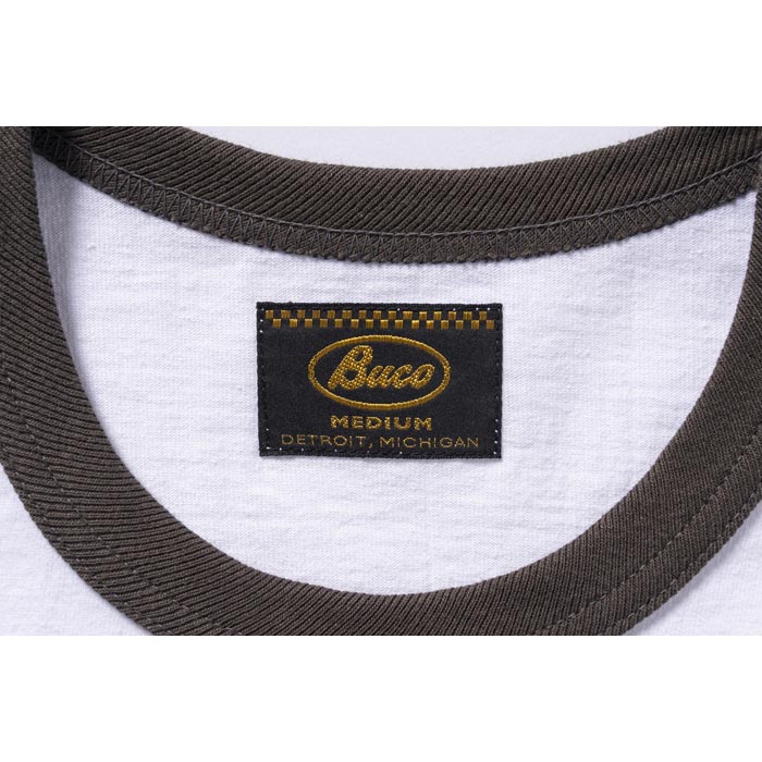 ブコ BUCO TEE / RIDING TOGS ホワイト チャコール メンズ 半袖 バイカー プリント リンガー Tシャツ バックプリント