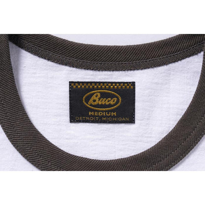 ブコ BUCO TEE / RIDING TOGS ホワイト チャコール メンズ 半袖 バイカー プリント リンガー Tシャツ バックプリント