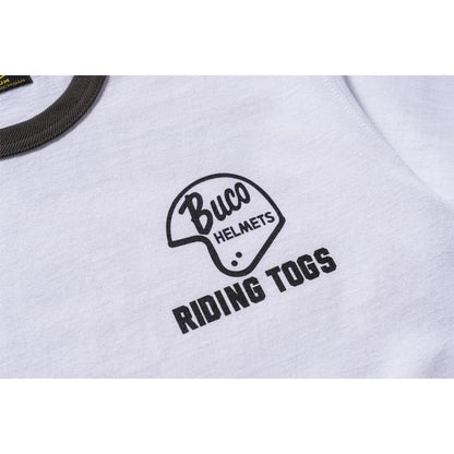 ブコ BUCO TEE / RIDING TOGS ホワイト チャコール メンズ 半袖 バイカー プリント リンガー Tシャツ バックプリント