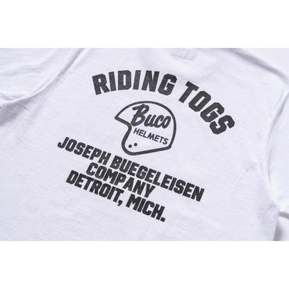 ブコ BUCO TEE / RIDING TOGS ホワイト チャコール メンズ 半袖 バイカー プリント リンガー Tシャツ バックプリント