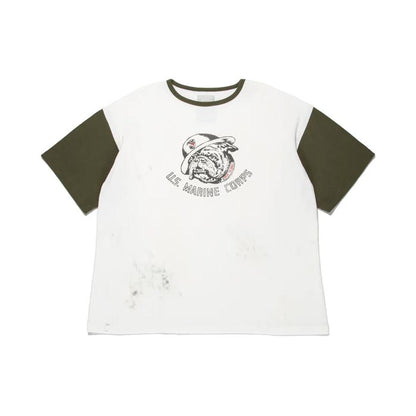 バウワウ BW251-BRSCA USMC BULLDOG RIBBED SS CS AGING WHITE × OLIVE AGING メンズ 半袖 プリント Tシャツ ラグラン