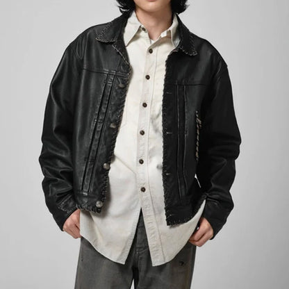 BOWWOW BWU-LULTJ LACE-UP LEATHER TRUCKER JACKET BLACK