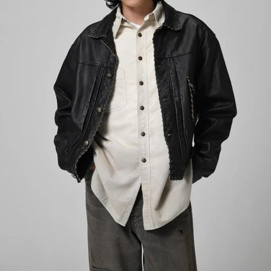 BOWWOW BWU-LULTJ LACE-UP LEATHER TRUCKER JACKET BLACK