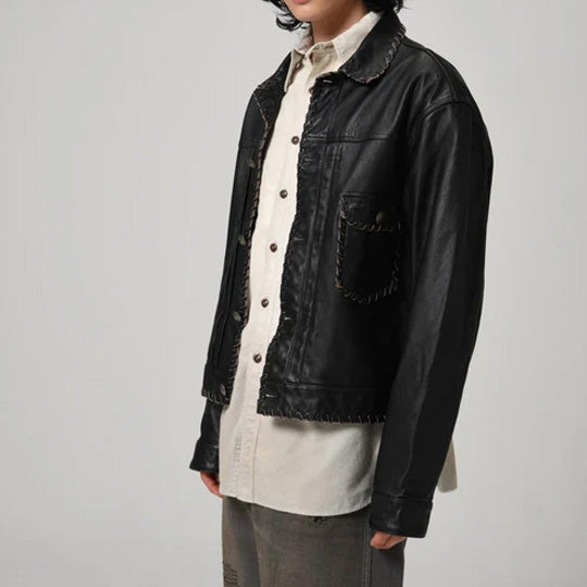 BOWWOW BWU-LULTJ LACE-UP LEATHER TRUCKER JACKET BLACK