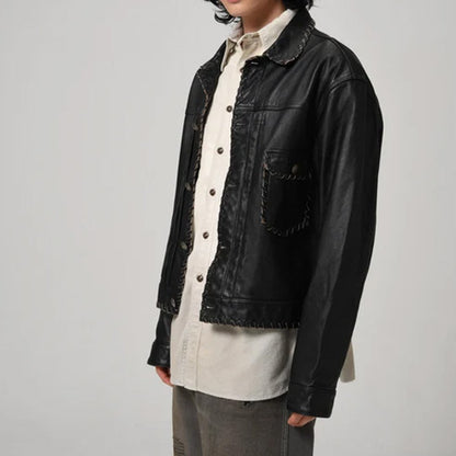 BOWWOW BWU-LULTJ LACE-UP LEATHER TRUCKER JACKET BLACK