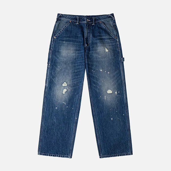 ウォッシュ＆ダメージ大黒プリントリラックスフィットジーンズ:インディゴ