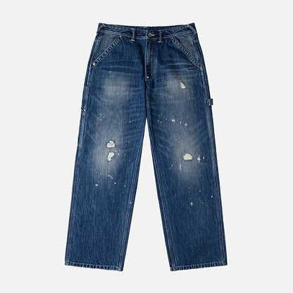 ウォッシュ＆ダメージ大黒プリントリラックスフィットジーンズ:インディゴ