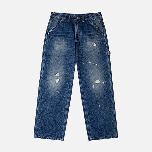 ウォッシュ＆ダメージ大黒プリントリラックスフィットジーンズ:インディゴ