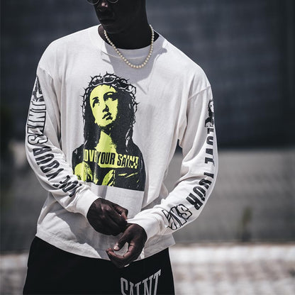 セントマイケル SM-YS1-0000-017 LS TEE / LOVE UR SAINT / WHT メンズ 長袖 プリントTシャツ ロンT
