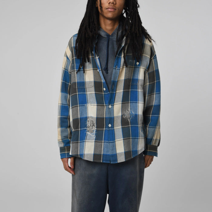 バウワウ BW2302-RAFS REPAIR AGEING FLANNEL SHIRTS BLUE DAMAGE AGEING ヴィンテージネルシャツ ブルー メンズ