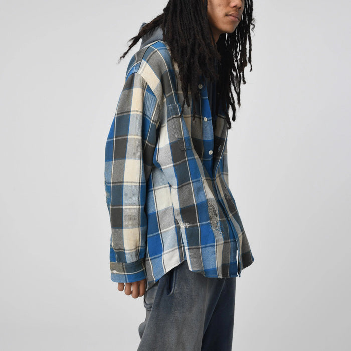 バウワウ BW2302-RAFS REPAIR AGEING FLANNEL SHIRTS BLUE DAMAGE AGEING ヴィンテージネルシャツ ブルー メンズ
