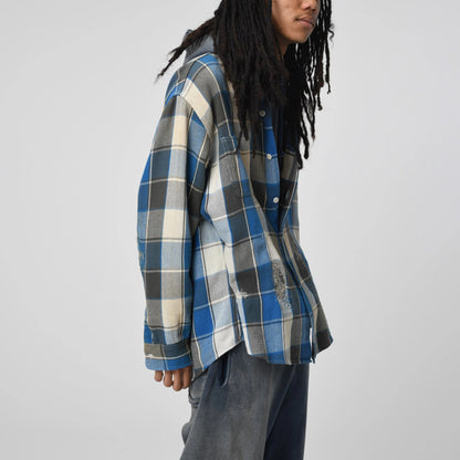 バウワウ BW2302-RAFS REPAIR AGEING FLANNEL SHIRTS BLUE DAMAGE AGEING ヴィンテージネルシャツ ブルー メンズ