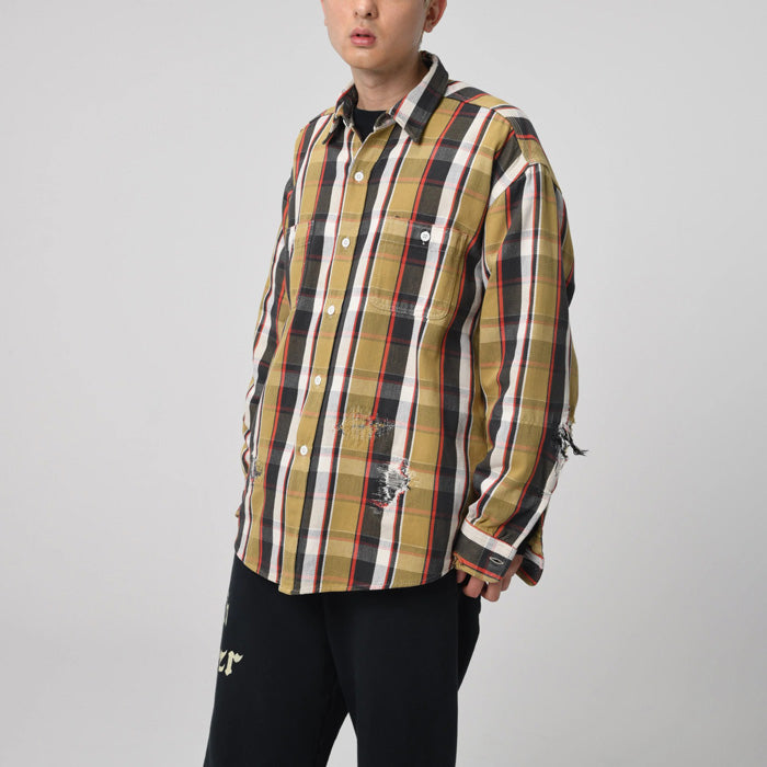 BOWWOW BW2302-RAFS REAPAIR AGEING FLANNEL SHIRTS BEIGE DAMAGE ヴィンテージネルシャツ ベージュ メンズ