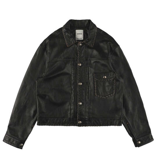 BOWWOW BWU-LULTJ LACE-UP LEATHER TRUCKER JACKET BLACK