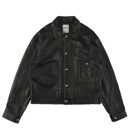 BOWWOW BWU-LULTJ LACE-UP LEATHER TRUCKER JACKET BLACK