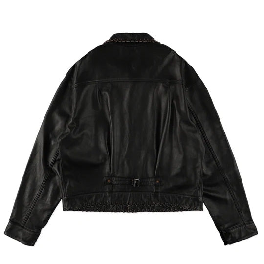 BOWWOW BWU-LULTJ LACE-UP LEATHER TRUCKER JACKET BLACK