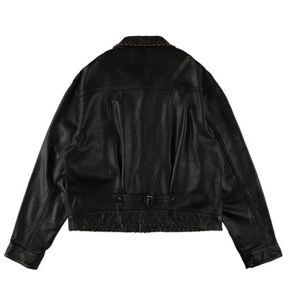 BOWWOW BWU-LULTJ LACE-UP LEATHER TRUCKER JACKET BLACK
