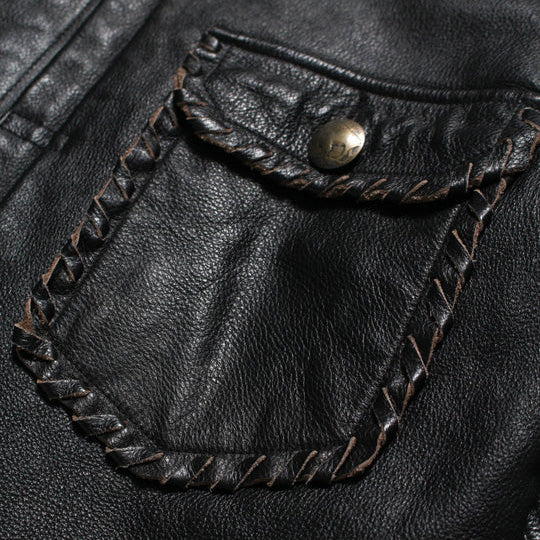 BOWWOW BWU-LULTJ LACE-UP LEATHER TRUCKER JACKET BLACK